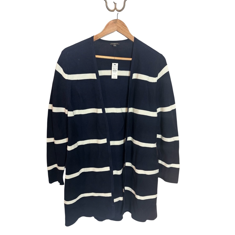 Talbots Petite Navy White Striped‎ Ribbed Long Cardigan Sweater PXL NWT
